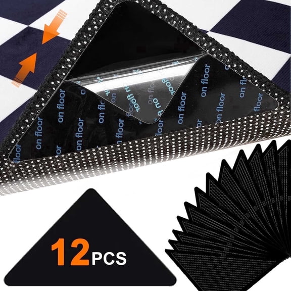 Rug Grippers, 12-Pcs Non Slip Tape Reusable Washable Carpet Hardwood Floor Area Rugs Tile Pad Grippers Keep Corners Flat