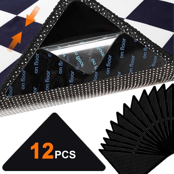 Rug Grippers, 12-Pcs Non Slip Tape Reusable Washable Carpet Hardwood Floor Area Rugs Tile Pad Grippers Keep Corners Flat