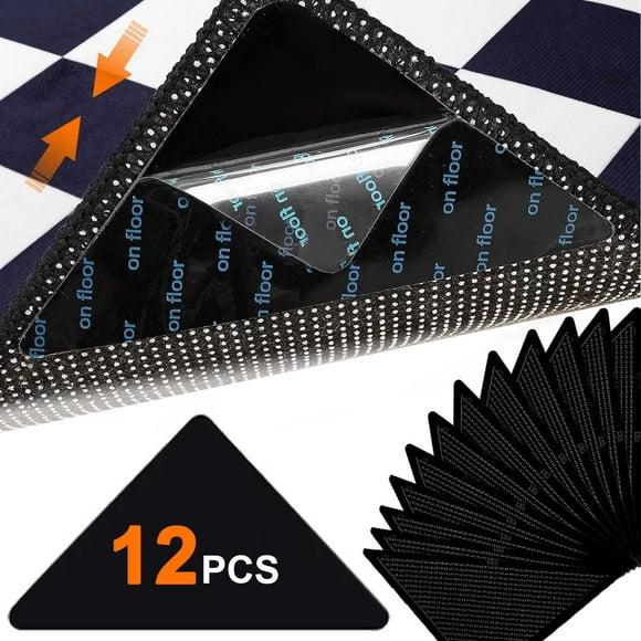 Rug Grippers, 12-Pcs Non Slip Tape Reusable Washable Carpet Hardwood Floor Area Rugs Tile Pad Grippers Keep Corners Flat