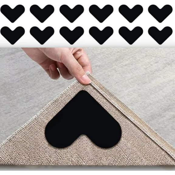 Rug Gripper 12Pack Double Sided Non-Slip Rug Pads Rug Tape Washable Rugs Reusable Carpet Tape Compatible with Hardwood Floors & Tile for Kitchen Bedroom Rug Pad Grippers to Keep Corners Flat(Black)