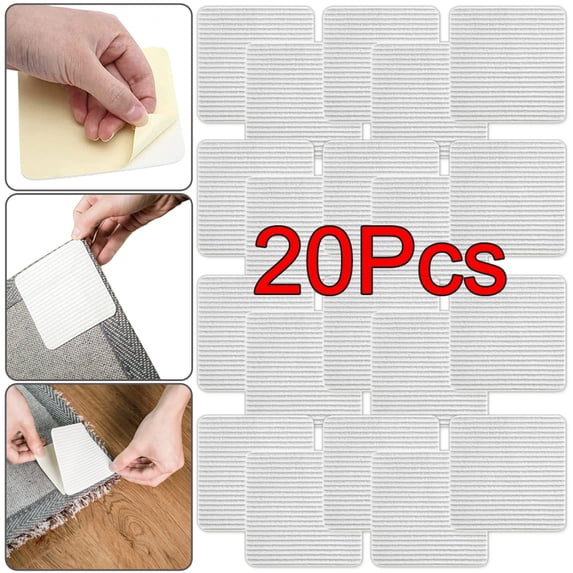 Rug Grippers, 20Pcs Non-Slip Rug Grippers, Washable Anti-Curl Tape, Reusable and Removable Pads for Hardwood Floors, Holds Your Rug in Place and Grips Rug Corners