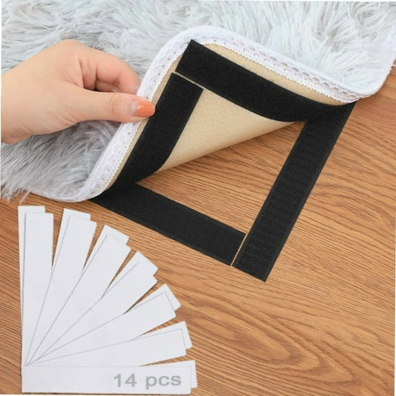 Rug Grippers, Hook and Loop Anti Curling Gripper for Rug and Carpet, Non-Slip Reusable Sticky Carpet Tape for Hardwood and Tile Floors (Black, 14 Pcs)