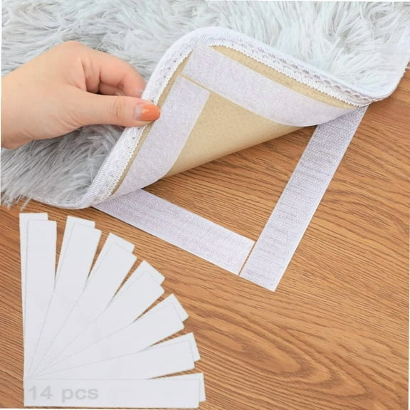 Rug Grippers, Hook and Loop Anti Curling Gripper for Rug and Carpet, Non-Slip Reusable Sticky Carpet Tape for Hardwood and Tile Floors (White, 14 Pcs)