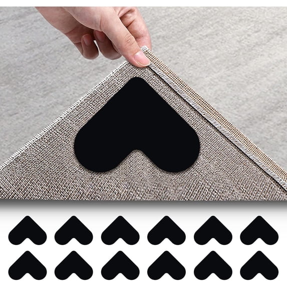 Rug Grippers for Hardwood Floors and Tiles, Washable Non-Slip Rug Tape Stickers for Area Rug, 12 Pcs Double Sided Anti Slip Carpet Tape Corner