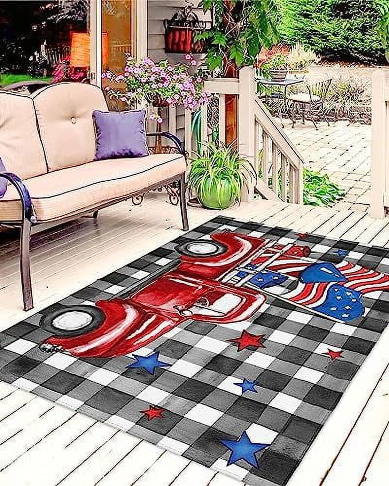Rug Independence Day Red Blue Poppy Flower Green Leaves Beige Indoor Outdoor Area Rug Easy
