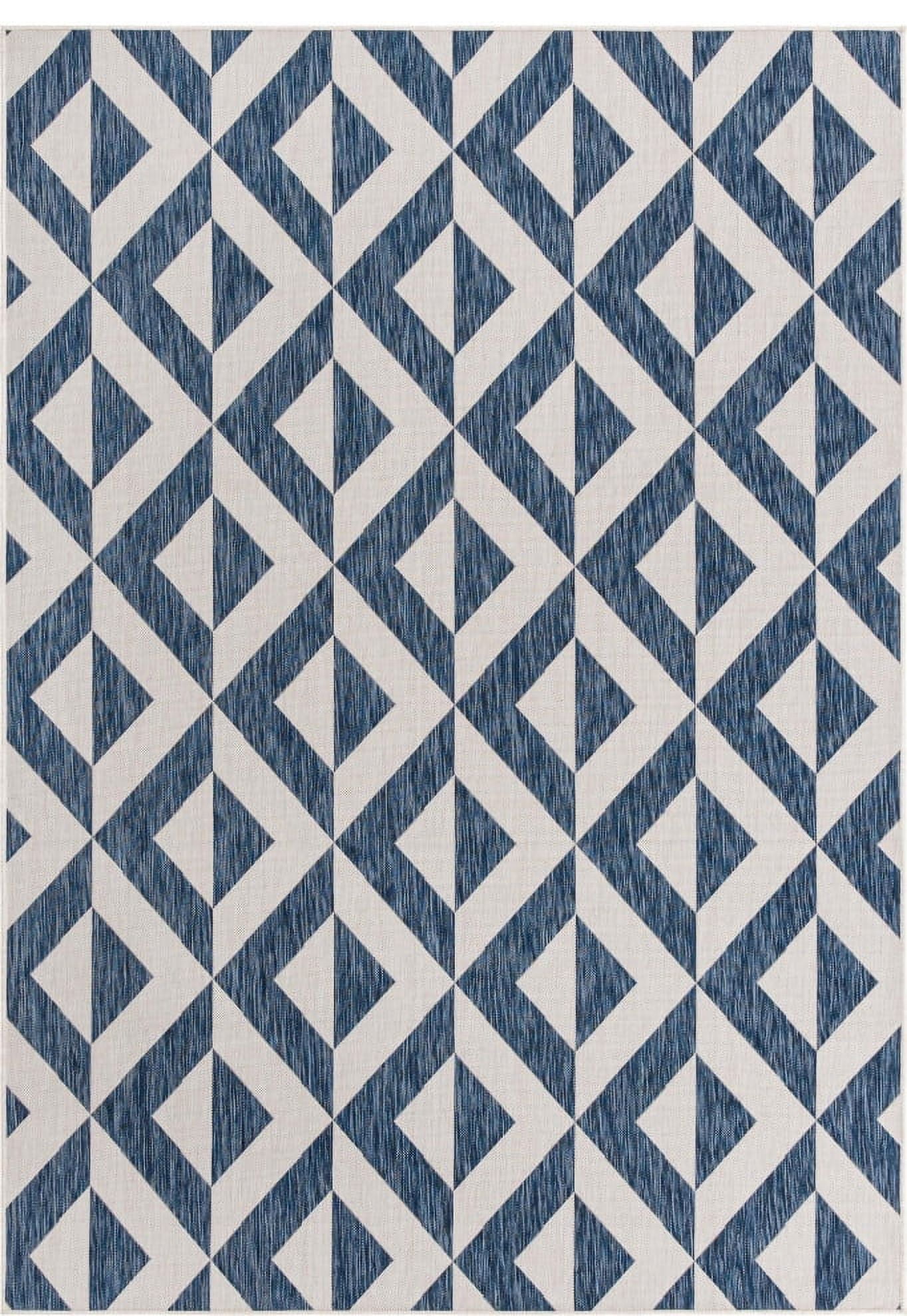 Reversible Geometric Blue Synthetic Outdoor Rug 7'1" x 10'
