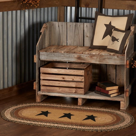 Rug Kettle Grove Jute Primitive Stencil Stars Black Tan Braided No Slip Floor Mat TCC Brands