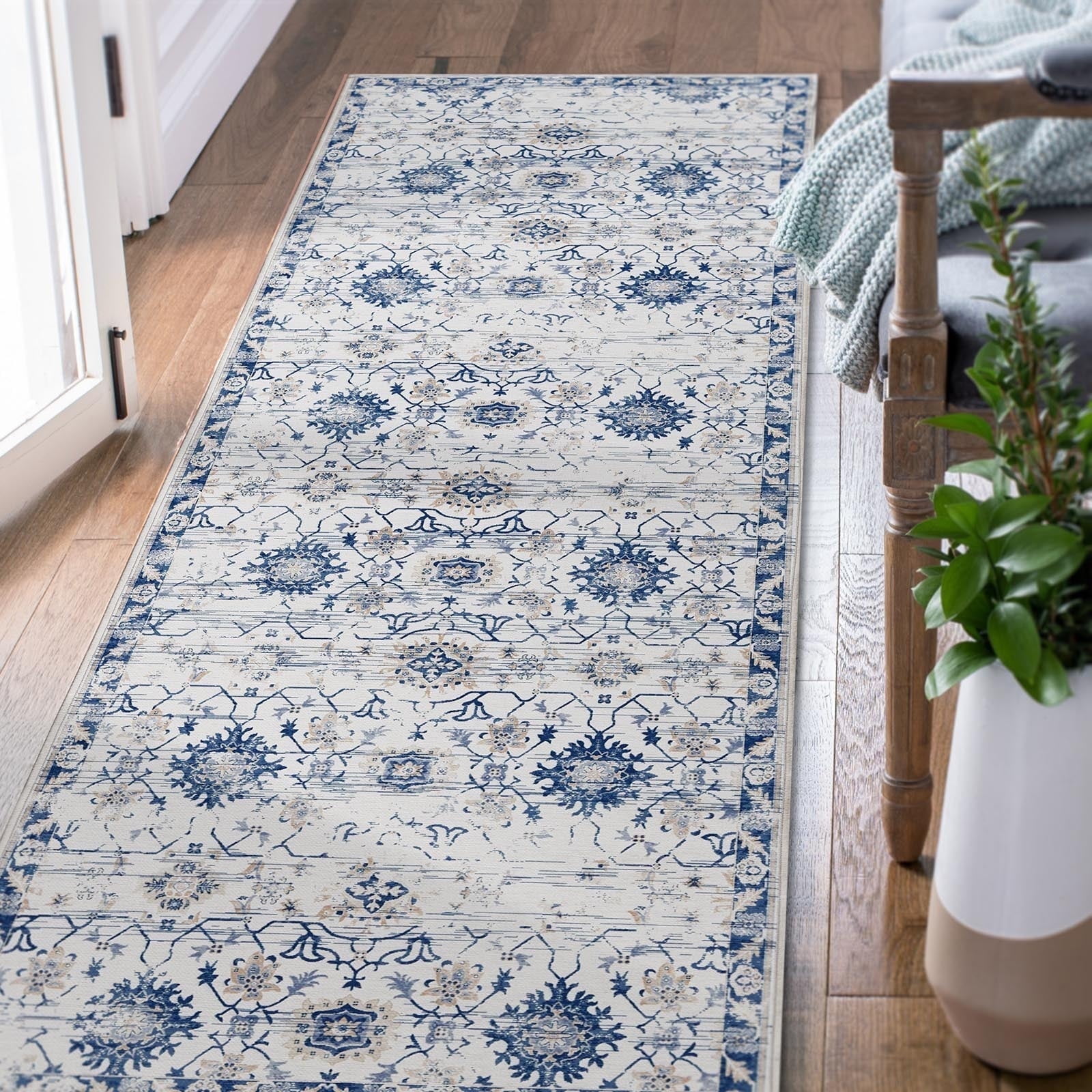 Rug King Kitchen Runner Rug Vintage 2x6 Navy Foldable Persian Floral Print Carpet Non Slip Rug for Entryway Living Room Bedroom Bathroom Kitchen