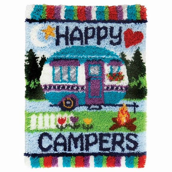 Rug Making Latch Hooking Kit,Happy Campers Latch Hook Kit ,Creative Craft Home Decor Ideal for Learning Rug Making