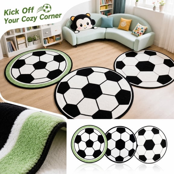 Rug Mat, 32 Inch Diameter Round Washable Rug, Fuzzy Plush Shag Rug, Soccer Ball Football Rug, Non-Slip Absorbent Round Carpet, Soft Fluffy Kids Play Rug For, Suitable for Student