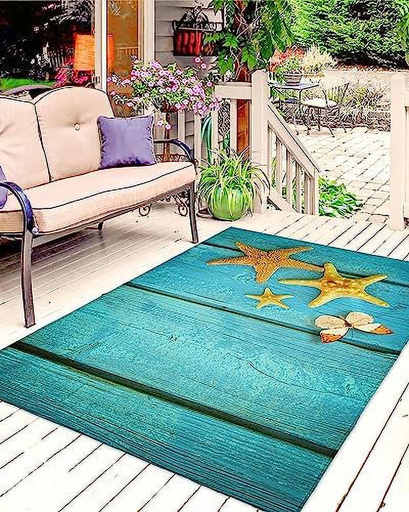 Rug Meditation Yellow Starfish Ombre Blue Wood Grain Indoor Outdoor
