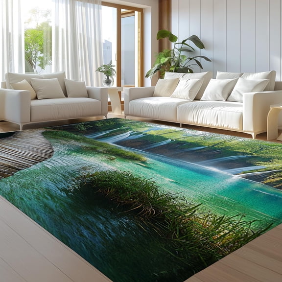 Rug Modern Design, Forest Waterfall Scene Rugs Living Room Extra Large Size Soft Touch Short Pile Style Carpet, Non Slip Washable Area Rugs Non Shedding