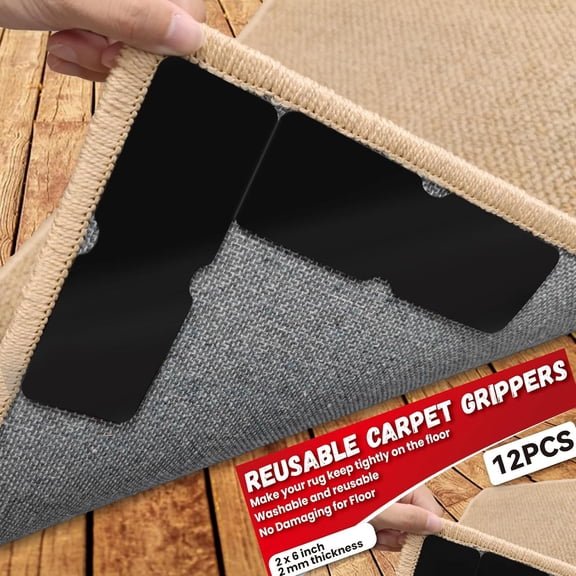 Rug Non Slip Grippers for Hardwood Floors, 12Pcs Reusable Rug Tape for Corners & Edges Carpet Gripper Pads Stickers for Area Rugs, No Damaging Floor Adhesive Squares