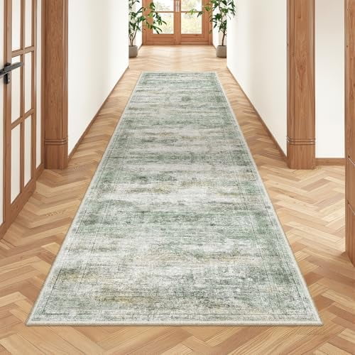 Rug Runners for Hallways Non Slip - 2x8 Runner Rug for Bedroom, Washable Runner with Rubber Backing, Soft Low-Pile Carpet for Kitchen, Laundry, Bathroom (2'x8', Green/Yellow/Ivory)