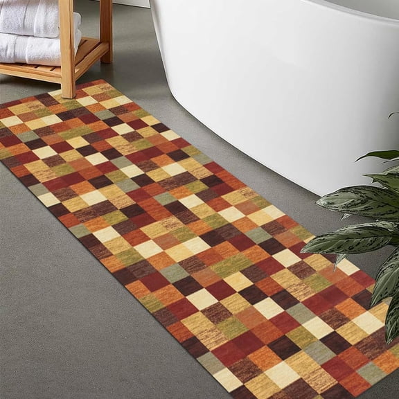 Rug Size-Rubber Non Slip Quick Dry Super Absorbent Thin Rugs Fit Under Door-Washable Bathroom Floor Mats for in Front of ,Shower Room,Sink, Rainbow Square, 1' x 17'