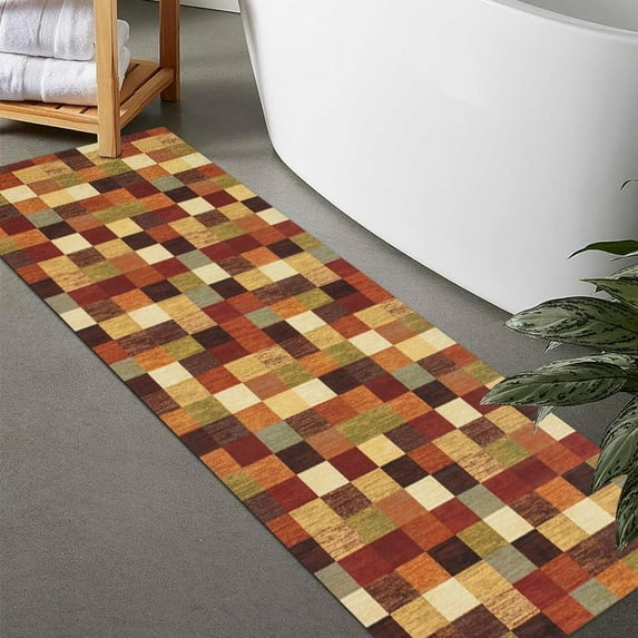 Rug Size-Rubber Non Slip Quick Dry Super Absorbent Thin Rugs Fit Under Door-Washable Bathroom Floor Mats for in Front of ,Shower Room,Sink, Rainbow Square, 2' x 5'
