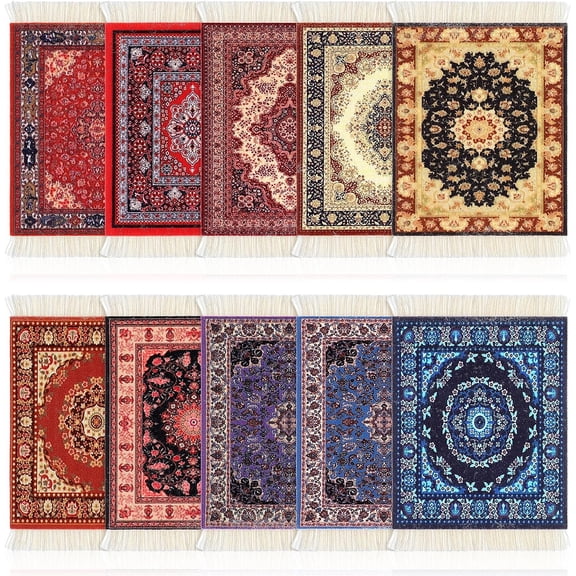 Rug Style Coasters Set of 10 Carpet Drink Mats with Fringe Non-Slip Backing Vintage Decorative Moroccan Turkish Fabric Mini Table Holder for Home Kitchen Bar Office Gifts(Stylish)