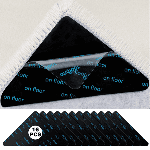 Rug Tape 16PCS Reusable Washable Rug Stoppers to Prevent Sliding, Triangle Carpet Stickers for Area Rugs on Hardwood Floors, Double Sid Adhesive Non-Slip Carpet Tapes Keep Corners Flat