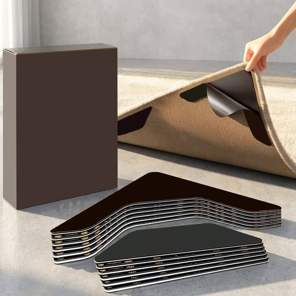 Rug Tape, Strong Hold Anti-Slip Pads, Silicone Bottom, Washable & Reusable, Low-Odor, Pre-Cut Corner Triangles & Edge Strips, Keeps Rug Flat on Hardwood & Tile