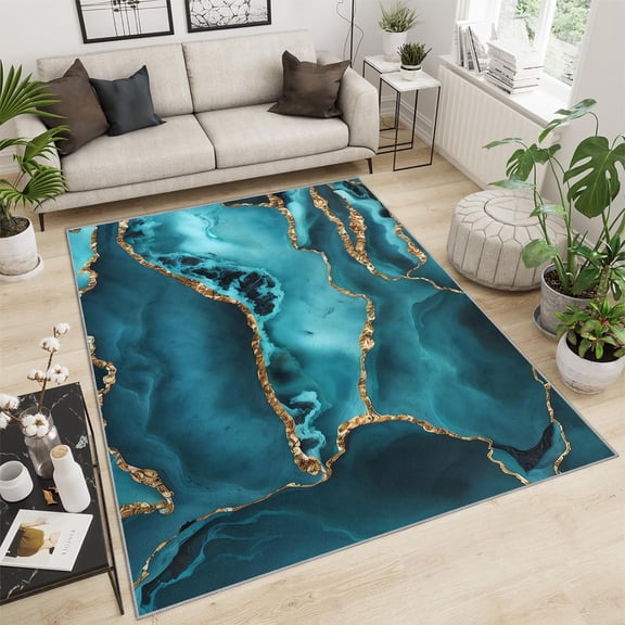 Rug Turquoise Marble Area Rug, Green Agate Texture Rugs for Living Room, Machine Washable Non Slip Carpet for Dining Room Home Office-5' x 8'