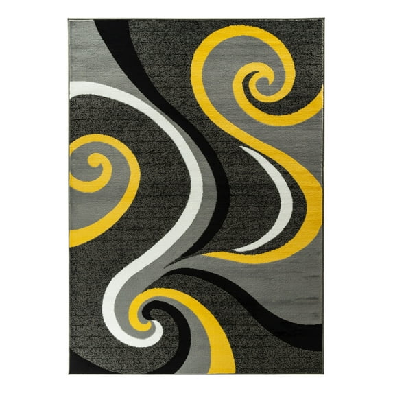 Rug and Decor Metro Collection Gray Yellow Black White Swirl Rug Abstract Moden Area Rug