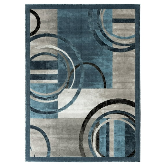 Rug and Decor Newport Collection Modern Abstract Power Loomed Blue Gray Area Rug, 5’ x 7’, Stain Resistant