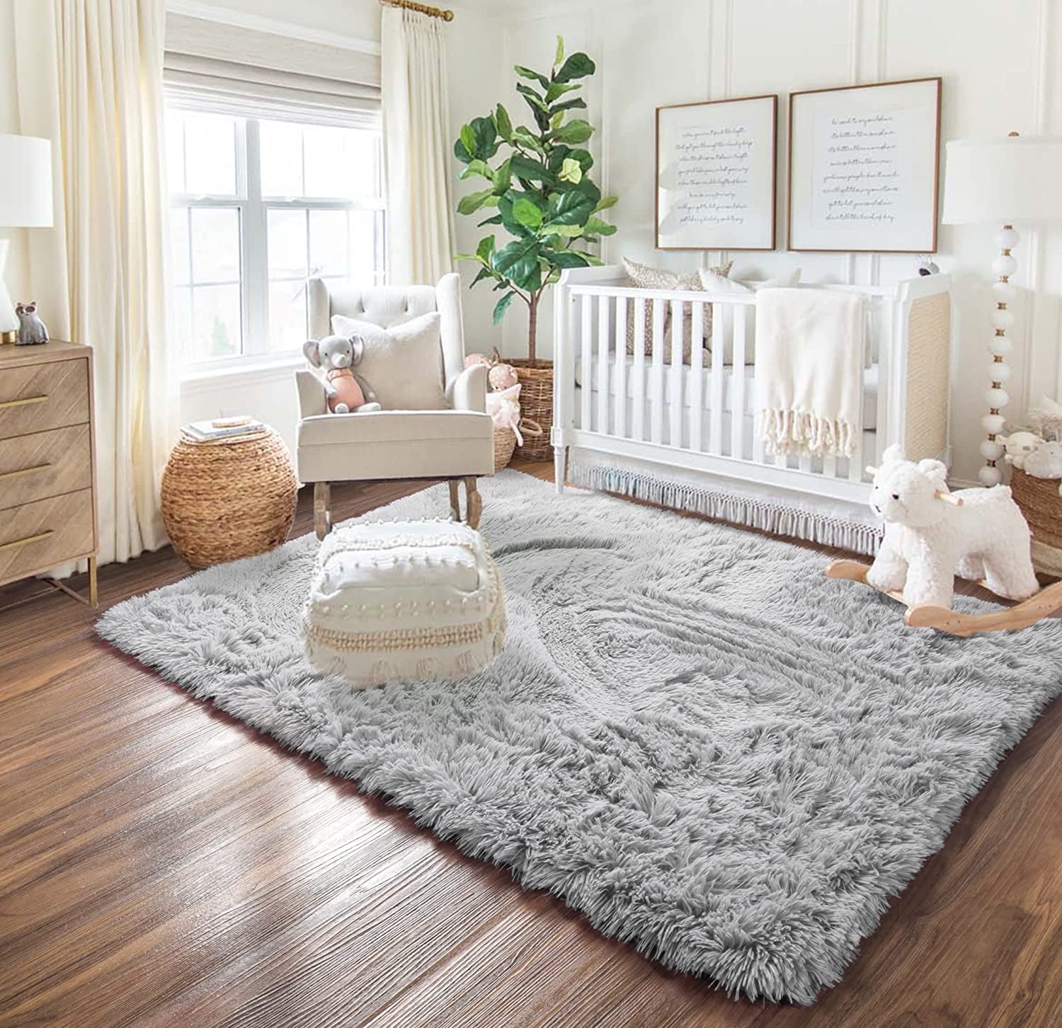 Rugs for Living Room, 4'x6' Soft Fluffy Area Rug for Bedroom, Plush Decorative Rug with Anti-Skid Backing, Indoor Home Carpet for Living Room, Light Grey