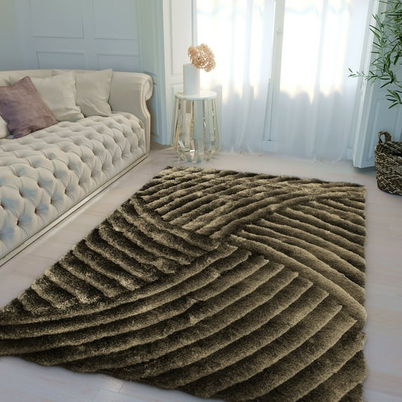 RugBerry 3D 259 Collection 1-inch Thick Shag Rug 8' x 10' ft Brown