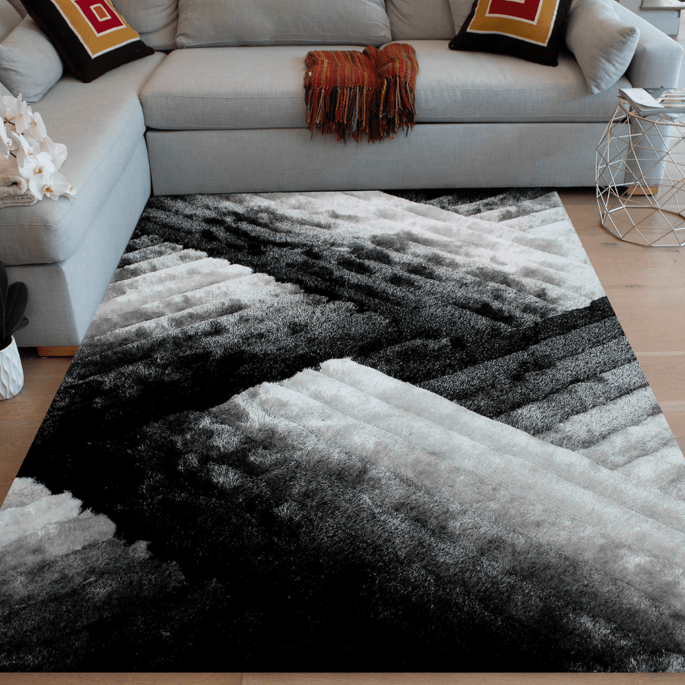 RugBerry 5x7 Black White Grey Area Rug Abstract 3D Shag Carpet Soft