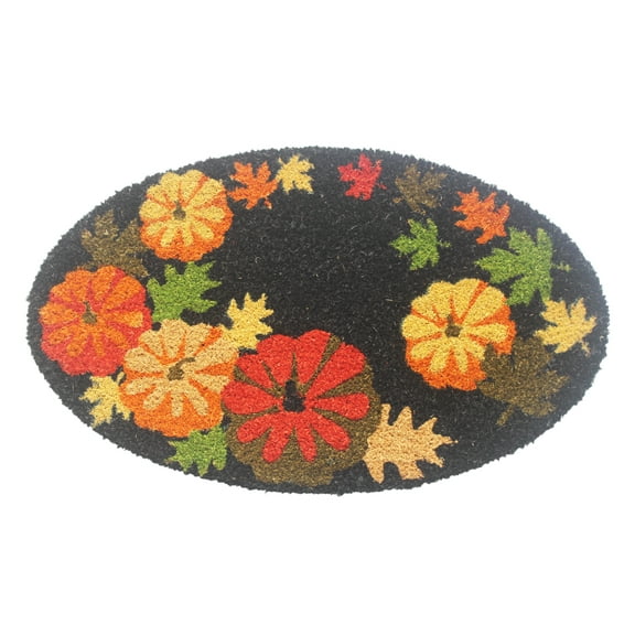 RugSmith Anti-Slip PVC Coir Machine Doormat Tufted Flower Oval, Black, 18"x30"