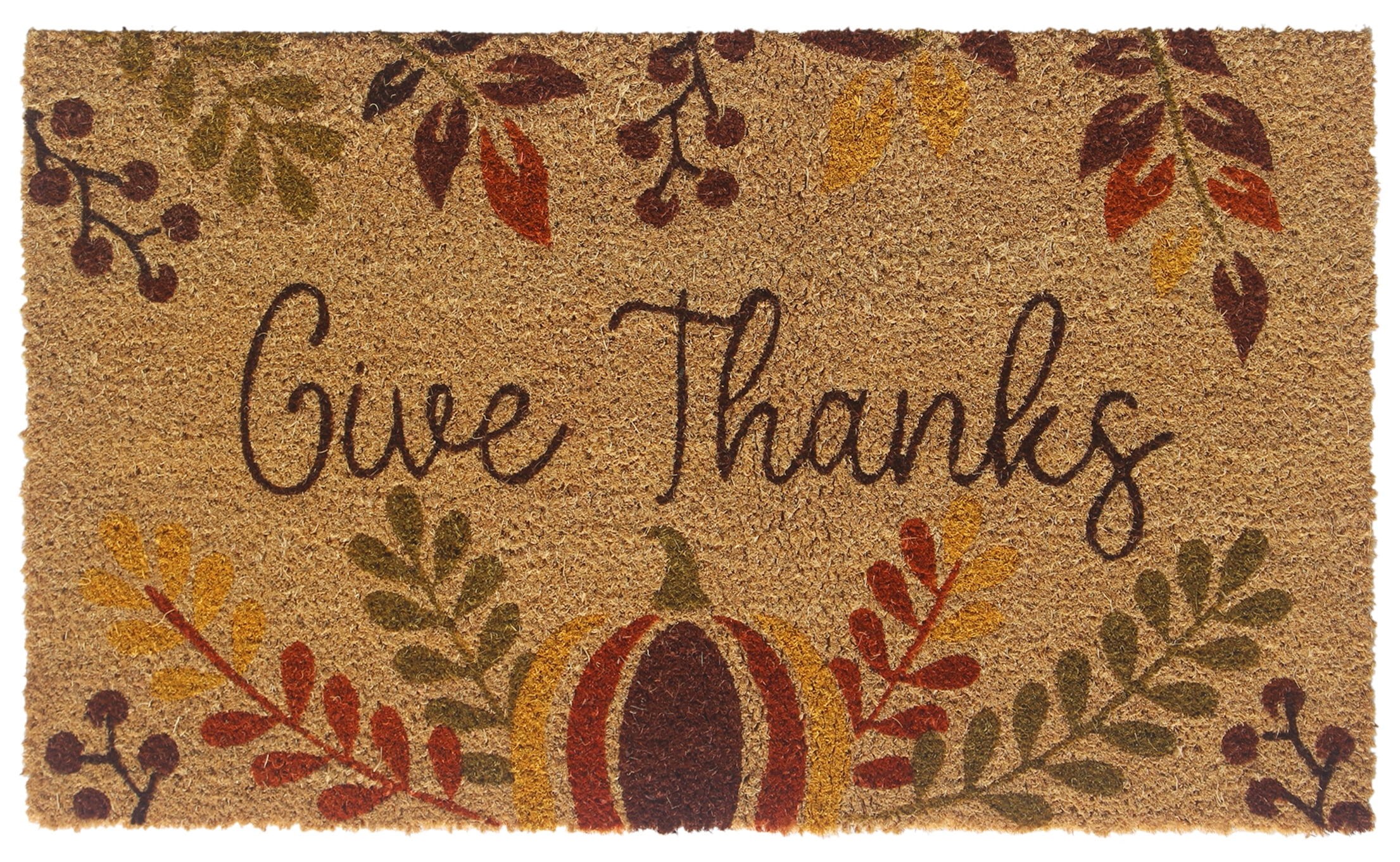 RugSmith Anti-Slip PVC Coir Machine Doormat Tufted Give Thanks, Natural, 18"x30"