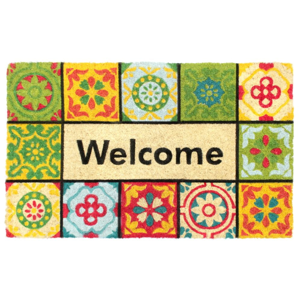 Colorful Coir Outdoor Welcome Doormat with Folk Tile Design