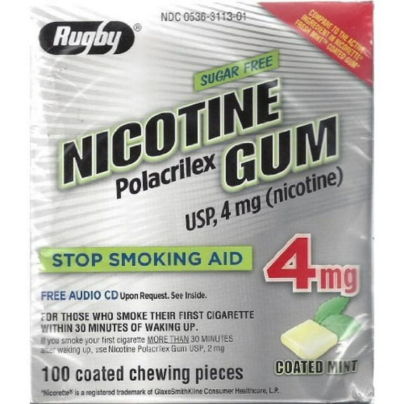 Rugby 00536311301 Sugar Free Nicotine Polacrilex Gum 100 Count 4 MG Mint Flavor Coated