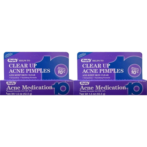 Rugby Acne Medication Gel Benzoyl Peroxide 10 Percent 1.5 Oz 2 Pk | Acne Cream for Face | Acne Spot Treatment | Adult Acne Treatment for Women and Men | Clear Skin Products | Acne Skin Care Greaseless