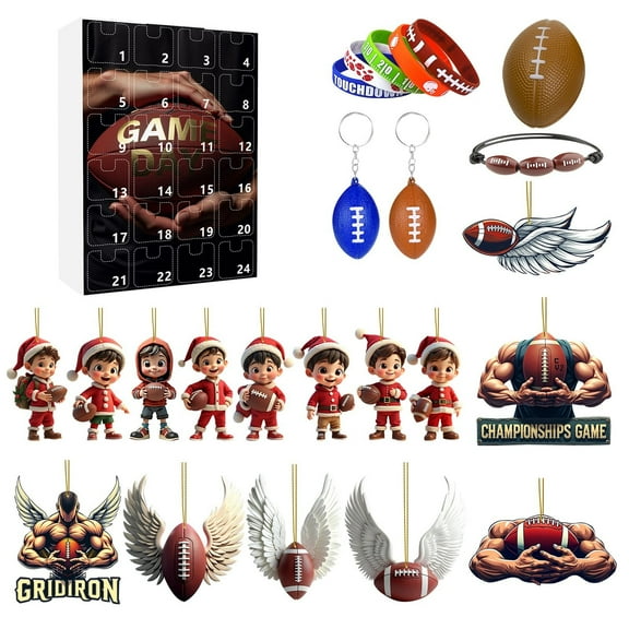 Rugby Advent Calendar Christmas Toy Countdown 24 Days Advent Set for Celebrating Festivities with 2D Acrylic Pendants