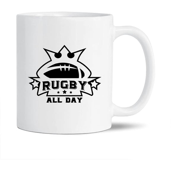 Rugby All Day White Ceramic Coffee Mug For Men / Women, Novelty Rugby Pottery Coffee Mug, Funny Rugby Travel Porcelain Teacup 11 Oz.