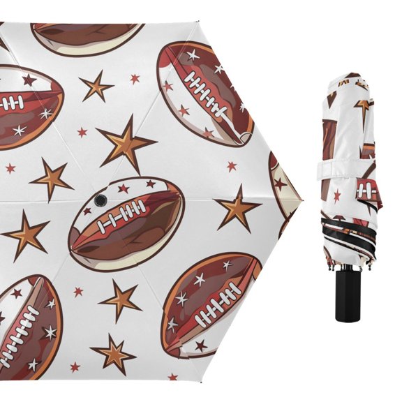 Rugby Balls and Stars All Weather Umbrella Triple Folding Parasol 6 Ribs UV Protection Portable