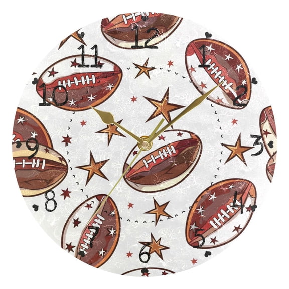 Rugby Balls and Stars Round Wall Clock Silent Analog Battery Operated Gold Pointer Home Decor 9.84" Diameter