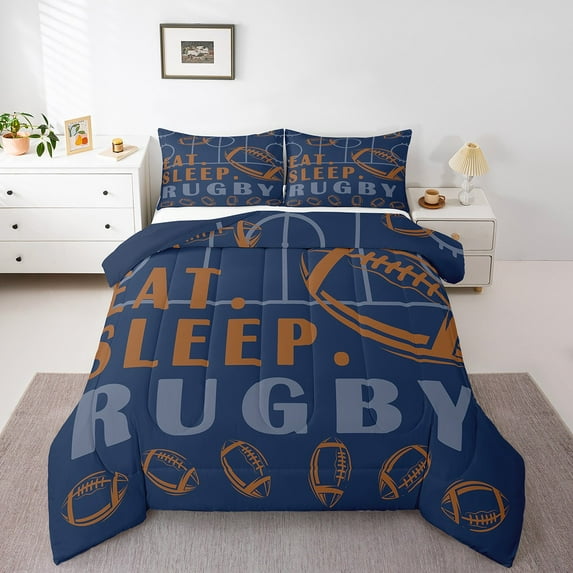 Rugby Bedding Sets Full Sport Game Ball Theme Comforter Sets Football Room Decor Down Comforter Sports Comforter Sets Teen Rugby Sports Bedding Bed Set 3 Pcs Navy Blue Brown