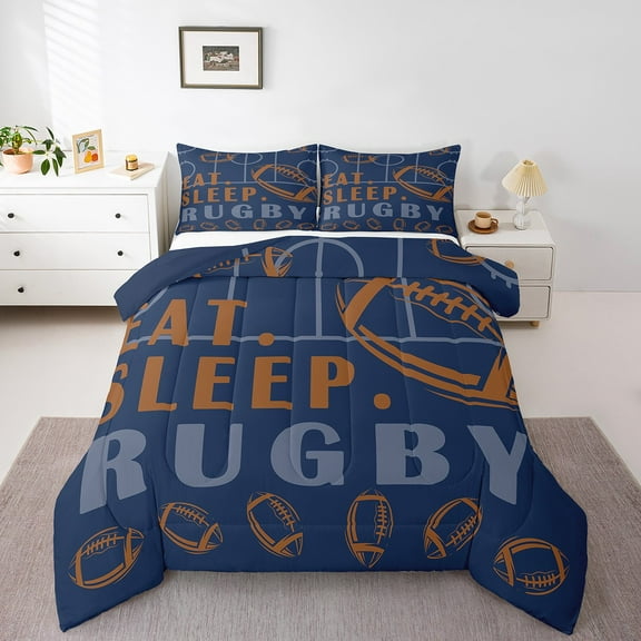Rugby Bedding Sets Twin Sport Game Ball Theme Comforter Sets Football Room Decor Down Comforter Sports Comforter Sets Teen Rugby Sports Bedding Bed Set 2 Pcs Navy Blue Brown