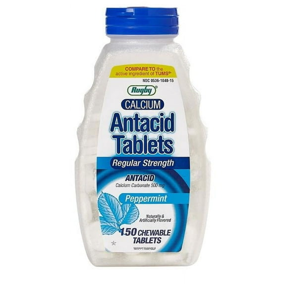 Rugby Calcium Carbonate 500mg Antacid Tablets Peppermint, Regular Strengh, 150 Chewable Tablets