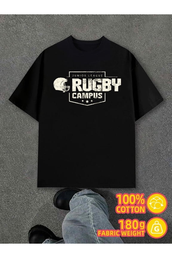 Rugby Campus Tee for men black 180G 100% Cotton New spring and autumn trendy printed T-shirts Original Unisex Shirt Short Sleeve tshirts Original Unisex Shirt Crewneck tshirts