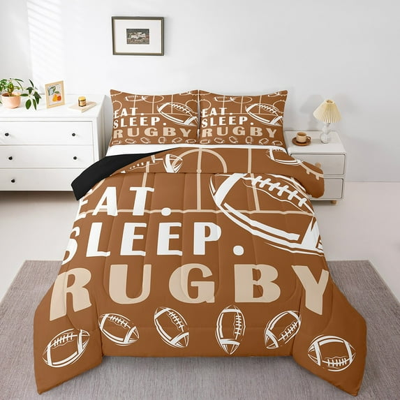 Rugby Comforter Set Sport Game Ball Theme Bedding Football Room Decor Down Comforter Rugby Sports Comforter Sets Teen Sports Bedding Bed Set 2 Pcs Brown