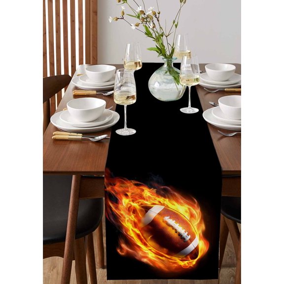 Rugby Flame Abstract Style Table Runner 13x36in Non-Slip Cotton Linen Table Runners, Love Sport Dresser Scarves TableRunner for Dinner Kitchen Dining Wedding Party