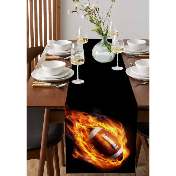 Rugby Flame Abstract Style Table Runner 13x72in Non-Slip Cotton Linen Table Runners, Love Sport Dresser Scarves TableRunner for Dinner Kitchen Dining Wedding Party