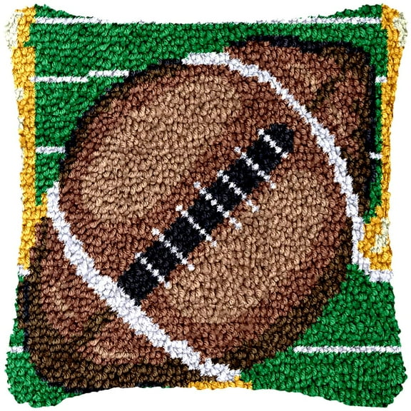 Rugby Football Latch Hook Kits Pillow Cover DIY Rug Making Crochet Hook Cushion Making Kits with Preprinted Pattern Canvas DIY Needlework Crochet Kits Sofa Decor 43x43cm