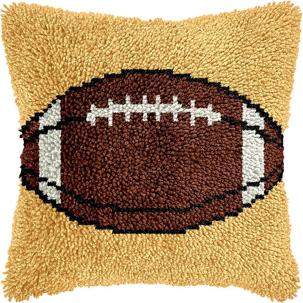 Rugby Football Latch Hook Pillow Cover Kits for DIY Handmade Throw Pillow Cross Stitch Latch Hooking Pillowcase Kits with Preprinted Color Pattern Canvas Crochet Yarn Kits 17''X 17''(8-98)