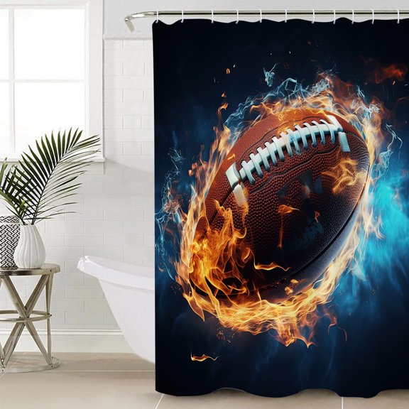 Rugby Long Shower Curtain Set, Waterproof Shower Curtains for Bathroom, Football Flame Modern Abstract Art Washable Fabric Cloth Bath Curtain for Bathtub Decoration with Hooks 72x84 Inches