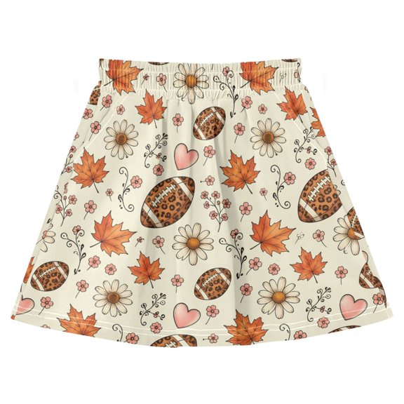 Rugby Maple Leaf Print Cotton Skirt Built-in Liner Elastic A-Line Flared Skirt with Pockets