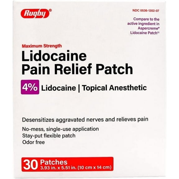 Rugby Maximum Strength Topical Anesthetic 4% Lidocaine Pain Relief Patch - 30 Patches